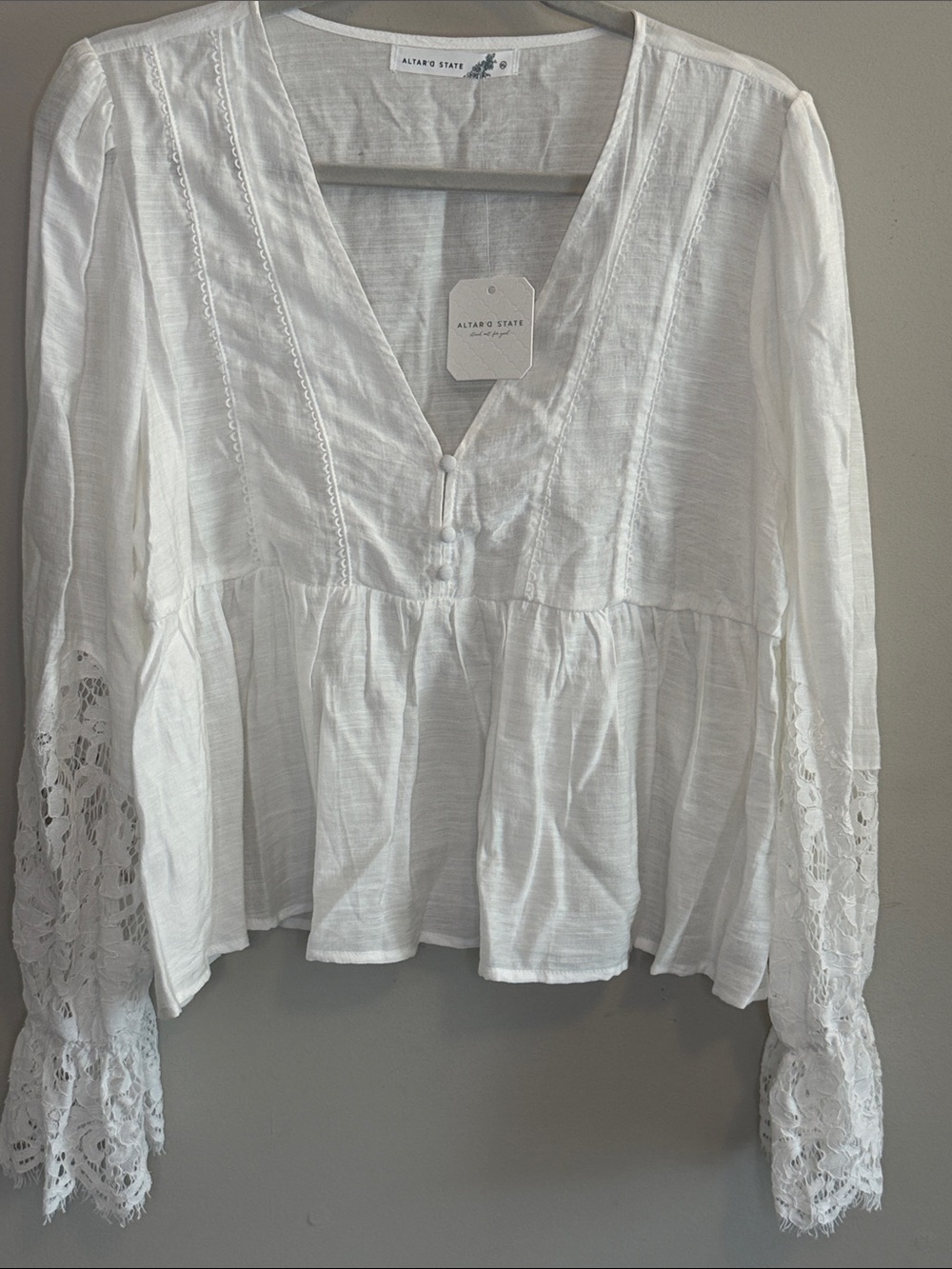 NWT - Altar'd State White Lace-Trim V-Neck Peasant Blouse - Size XL